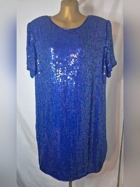 Jasmine By KVM Hand Sewn Beaded Blue Sequin Short-Sleeve Elegant Dress NWT Sz L